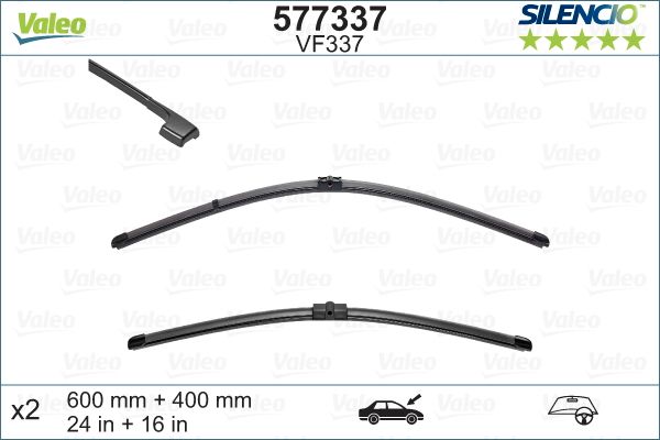 VALEO 577337 Wiper Blade  600mm Front, Flat wiper blade, Pin Fixing